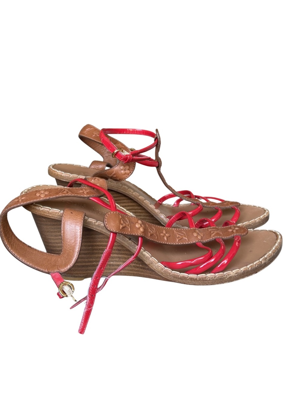 Louis Vuitton Red and Brown Leather Strappy Wedge Sandals size 39